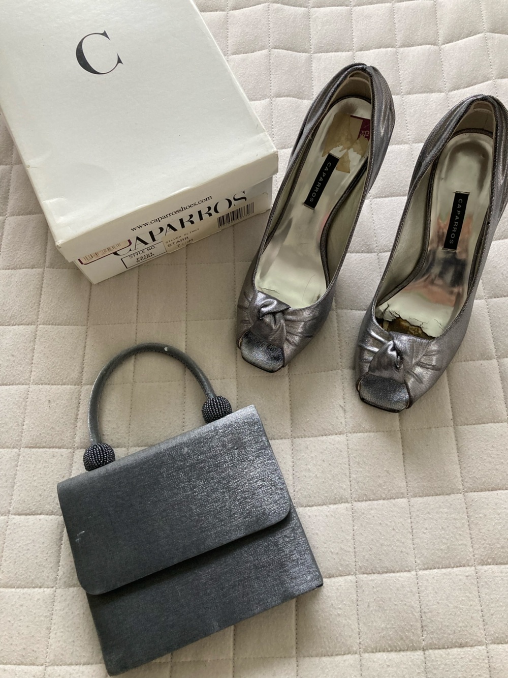 Caparros Metallic Silver Bow Peep-Toe Heels with Silver Evening Clutch